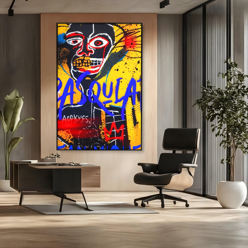 Tablou canvas cu tablou canvas cu portret stil graffiti, in rama de aluminiu negru, pe perete intr-un birou